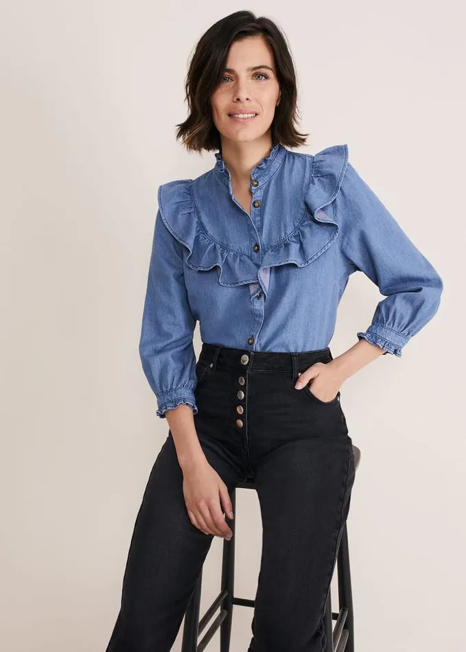 Phase Eight Maryam Ruffle Front Denim Blouse Denim Women Shirts and Blouses
