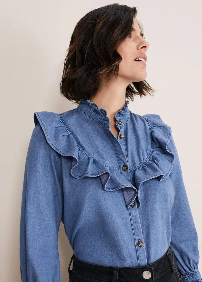 Phase Eight Maryam Ruffle Front Denim Blouse Denim Women Shirts and Blouses