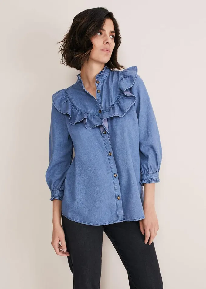 Phase Eight Maryam Ruffle Front Denim Blouse Denim Women Shirts and Blouses