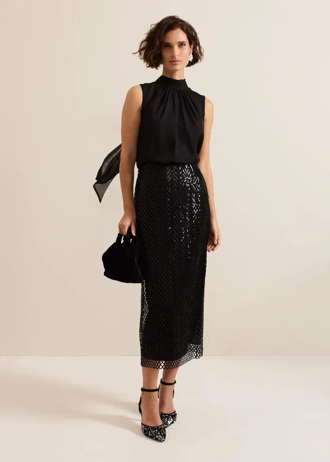 Phase Eight Mauve Black Mesh Sequin Midi Skirt Black Women Skirts