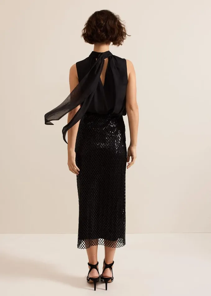 Phase Eight Mauve Black Mesh Sequin Midi Skirt Black Women Skirts