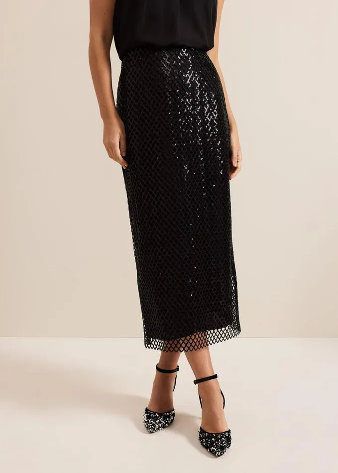 Phase Eight Mauve Black Mesh Sequin Midi Skirt Black Women Skirts