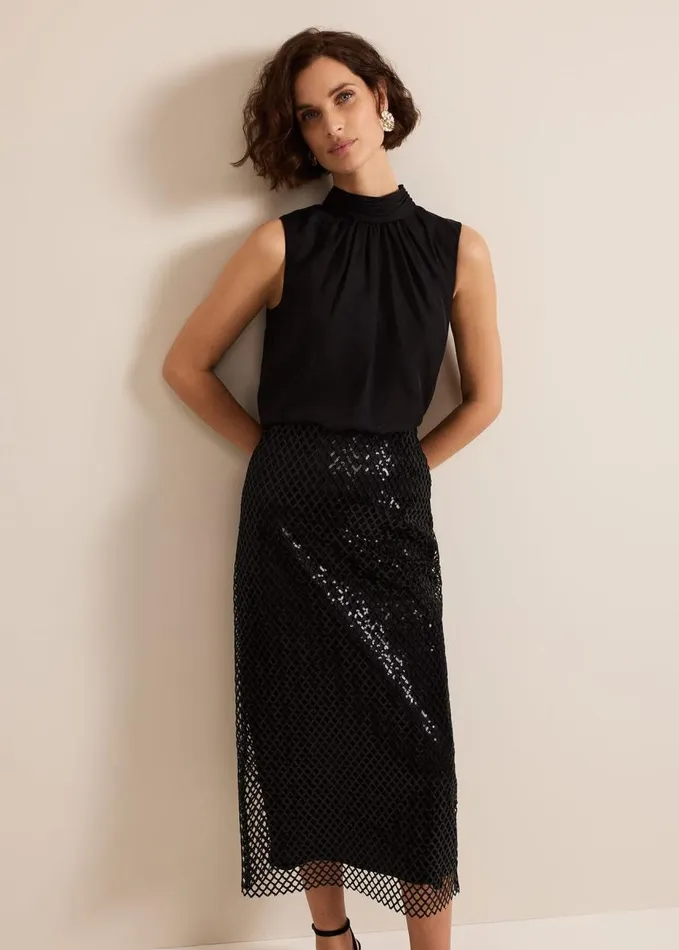 Phase Eight Mauve Black Mesh Sequin Midi Skirt Black Women Skirts