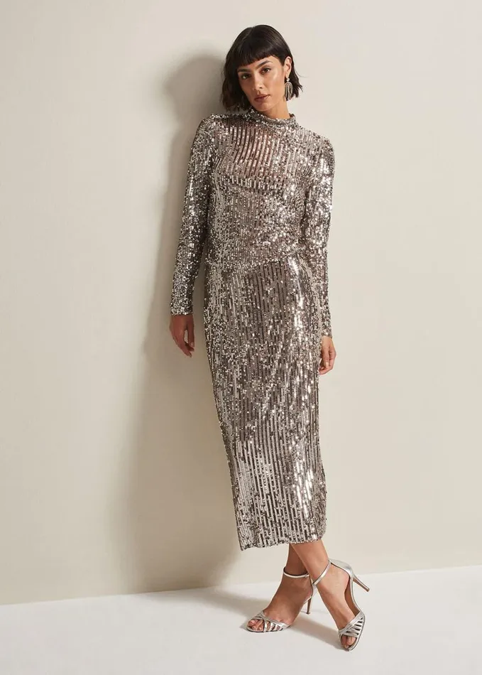 Phase Eight Milani Sequin Pencil Midi Skirt Silver Women Skirts