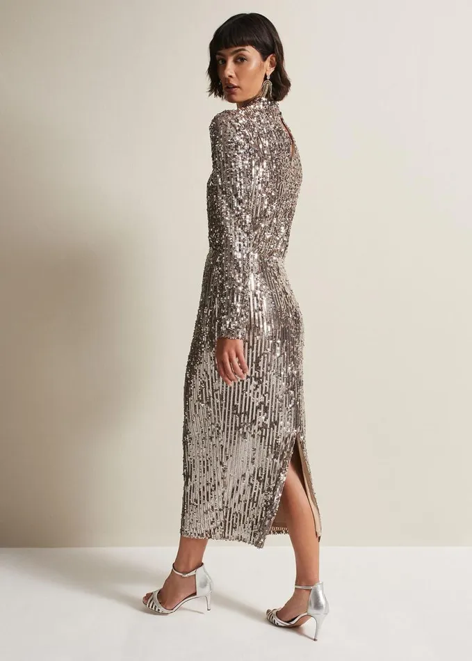 Phase Eight Milani Sequin Pencil Midi Skirt Silver Women Skirts