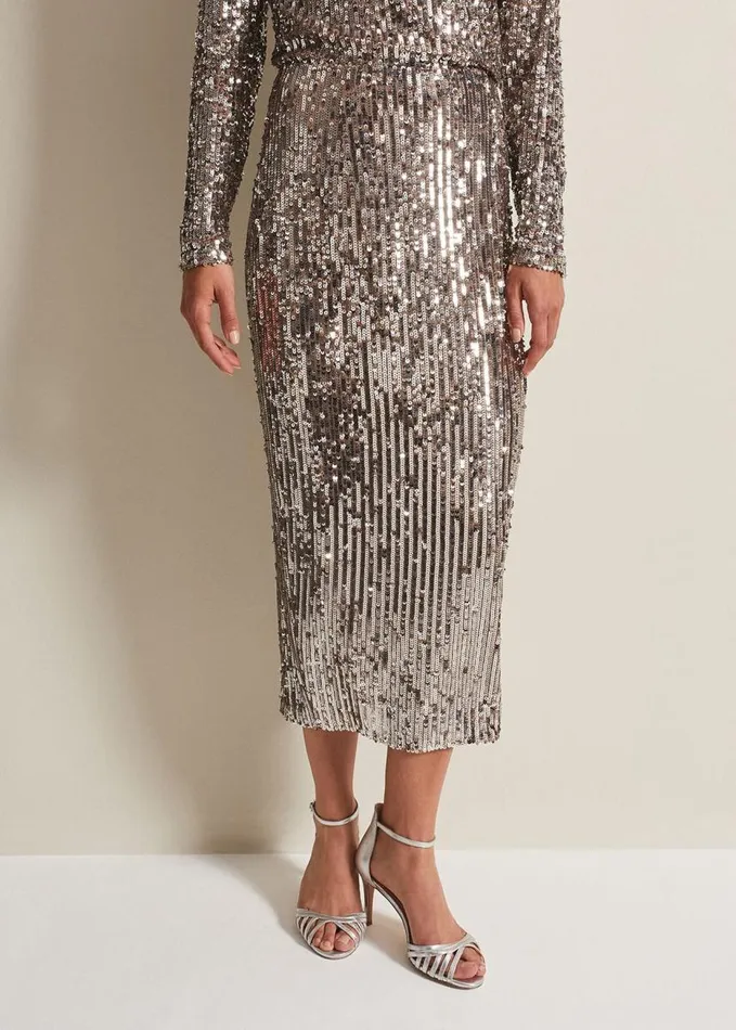 Phase Eight Milani Sequin Pencil Midi Skirt Silver Women Skirts