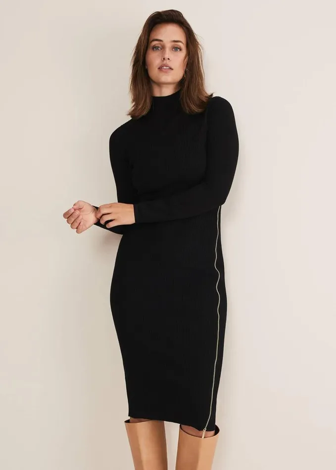 Phase Eight Milla Maxi Longline Zip Knit Dress Black Women Dresses
