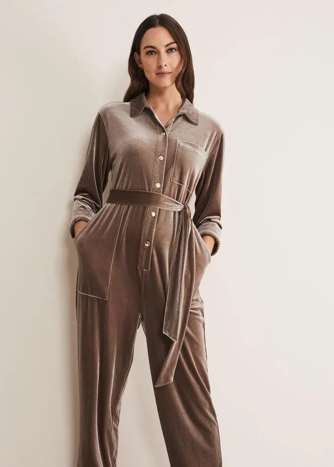 Phase Eight Nala Velvet Jumpsuit Mushroom Women Dresses