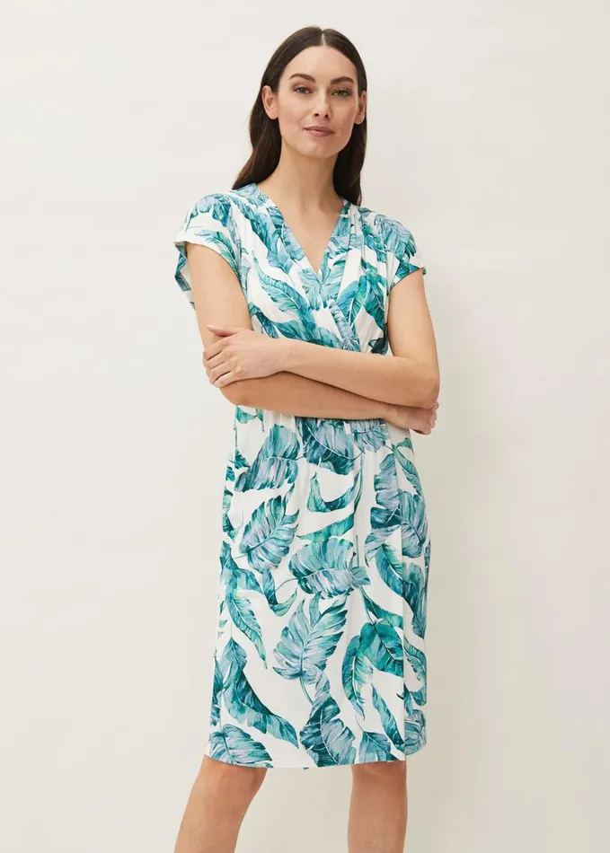 Phase Eight Palms Print Fitted Short Sleeved Jersey Dress Aquamarineecru Women Dresses