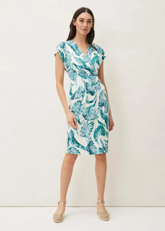 Phase Eight Palms Print Fitted Short Sleeved Jersey Dress Aquamarineecru Women Dresses