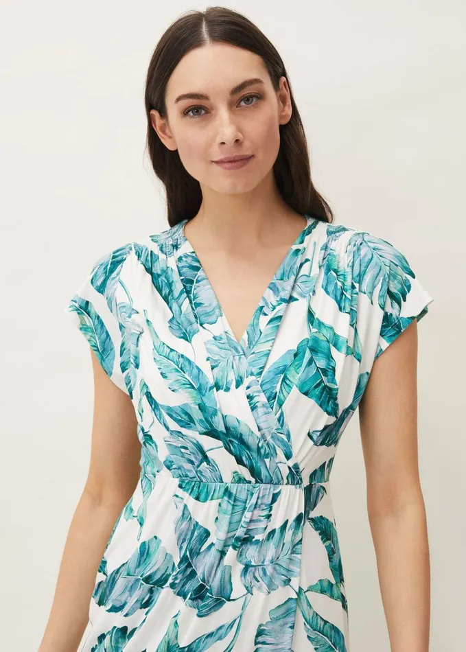 Phase Eight Palms Print Fitted Short Sleeved Jersey Dress Aquamarineecru Women Dresses