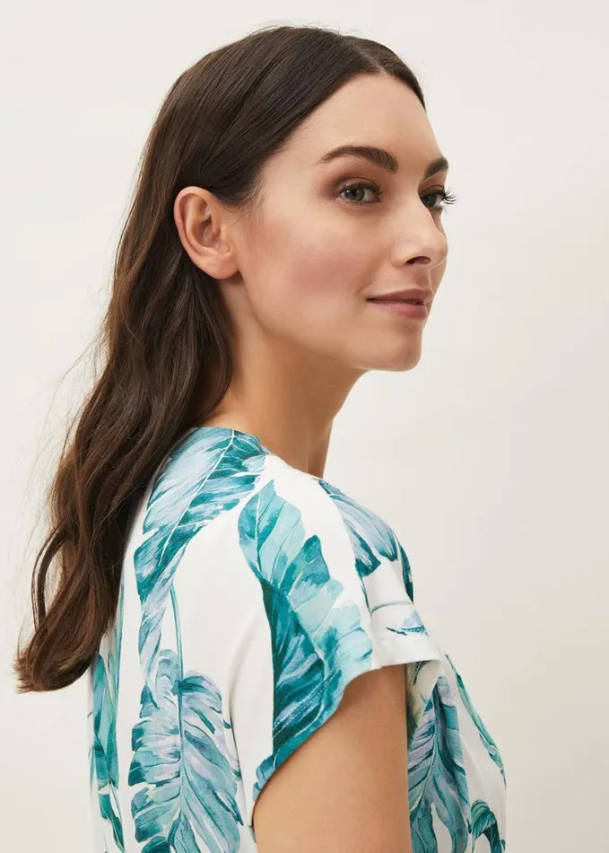 Phase Eight Palms Print Fitted Short Sleeved Jersey Dress Aquamarineecru Women Dresses