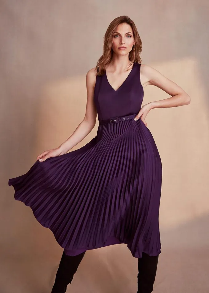 Phase Eight Primrose Pleated VNeck Dress Aubergine Women Dresses