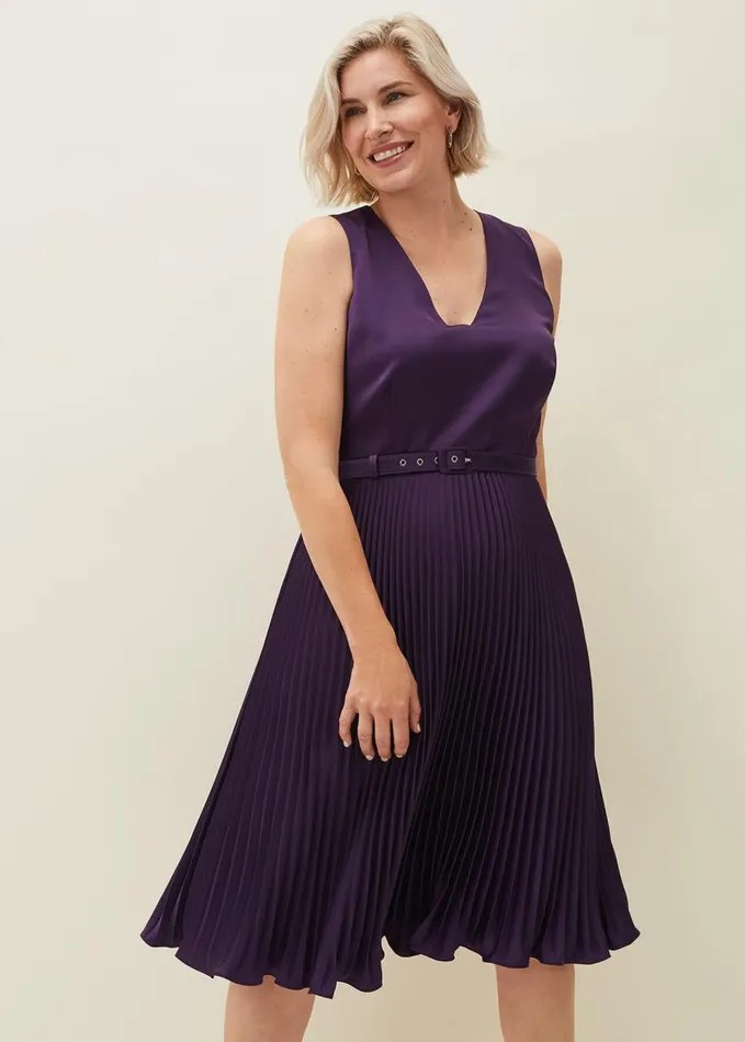 Phase Eight Primrose Pleated VNeck Dress Aubergine Women Dresses