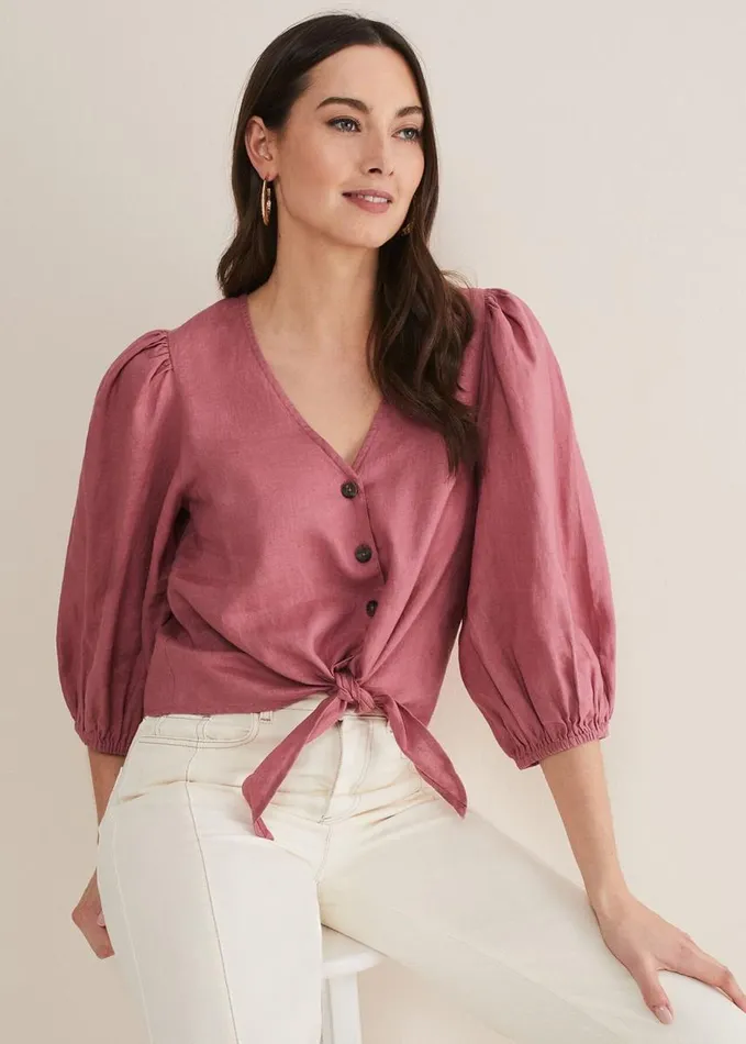 Phase Eight Raven Linen Tie Front Blouse Rose Women Shirts and Blouses