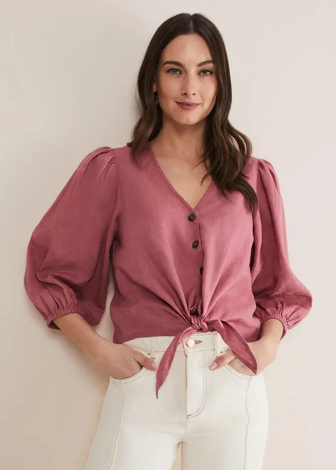 Phase Eight Raven Linen Tie Front Blouse Rose Women Shirts and Blouses