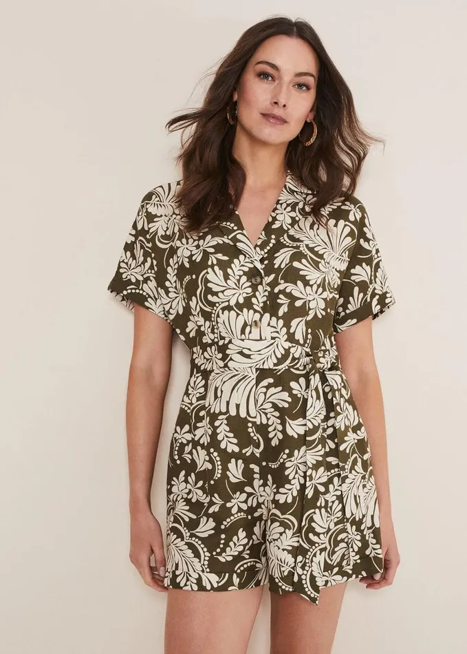 Phase Eight Rosalia Printed Playsuit Khaki Women Dresses