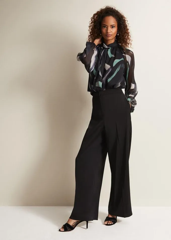 Phase Eight Shellina Black Satin Wide Leg Trousers Black Women Trousers