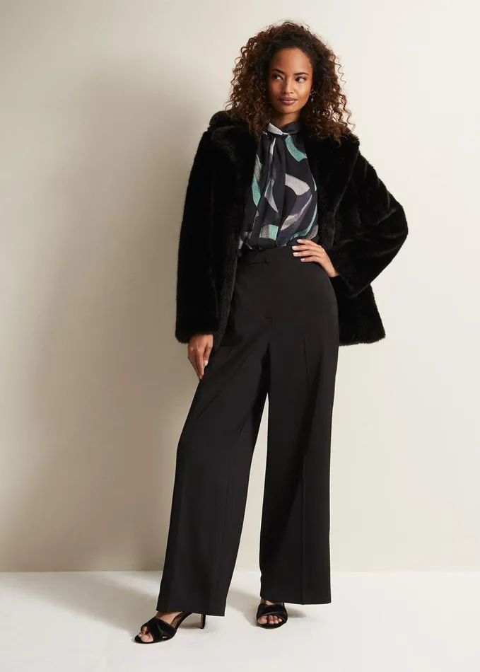 Phase Eight Shellina Black Satin Wide Leg Trousers Black Women Trousers