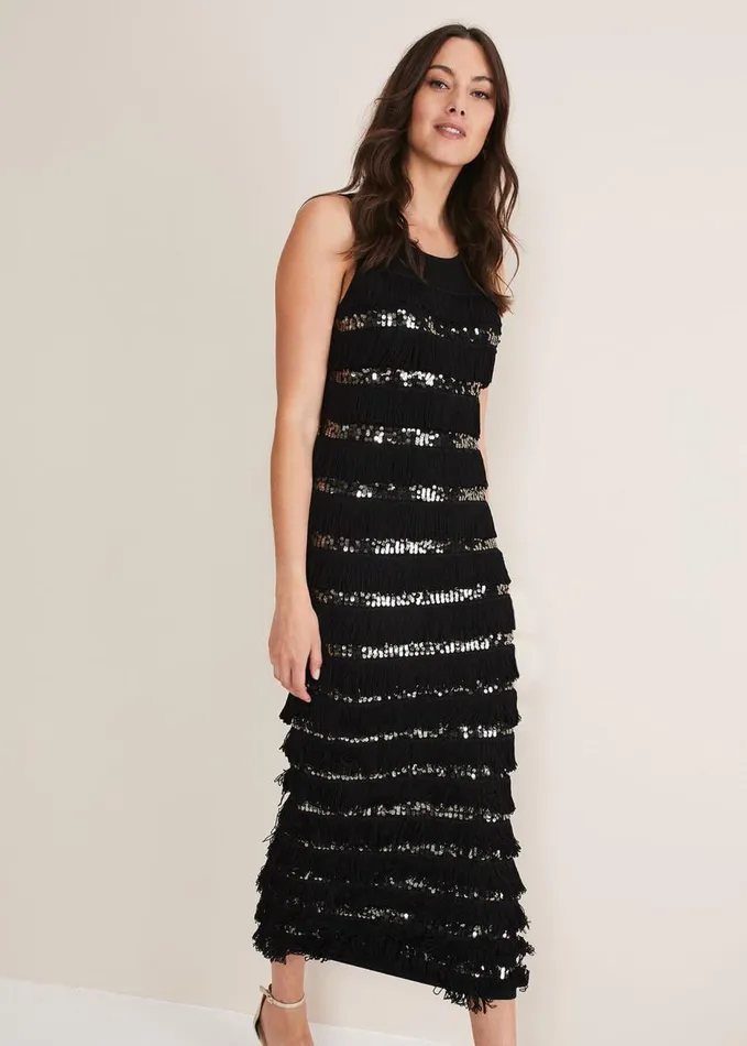 Phase Eight Sofianne Fringe Maxi Dress Blackpewter Women Dresses