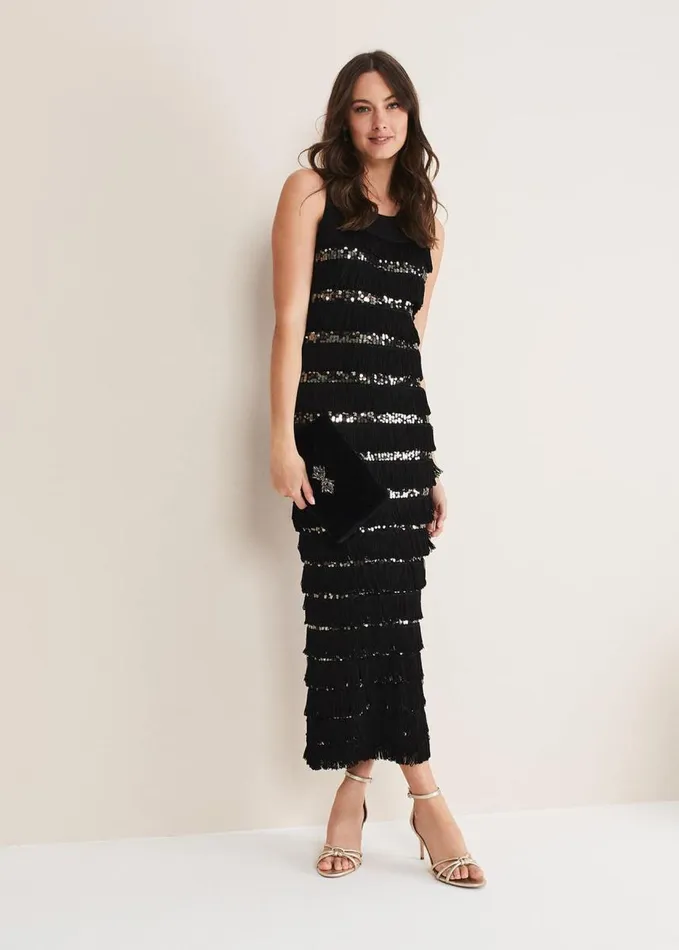 Phase Eight Sofianne Fringe Maxi Dress Blackpewter Women Dresses