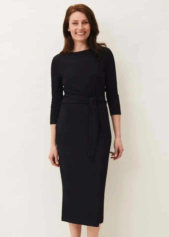 Phase Eight Yazmina Long Sleeve Ribbed Dress Navy Women Dresses