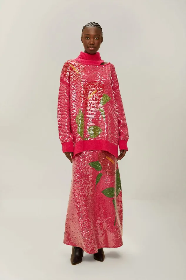 Pink Anthurium Flowers Sequins Midi Skirt Women Farm Rio Skirts