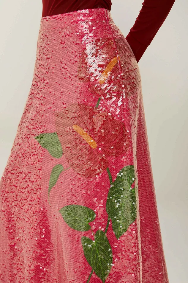 Pink Anthurium Flowers Sequins Midi Skirt Women Farm Rio Skirts