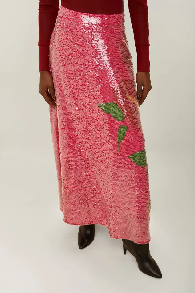 Pink Anthurium Flowers Sequins Midi Skirt Women Farm Rio Skirts