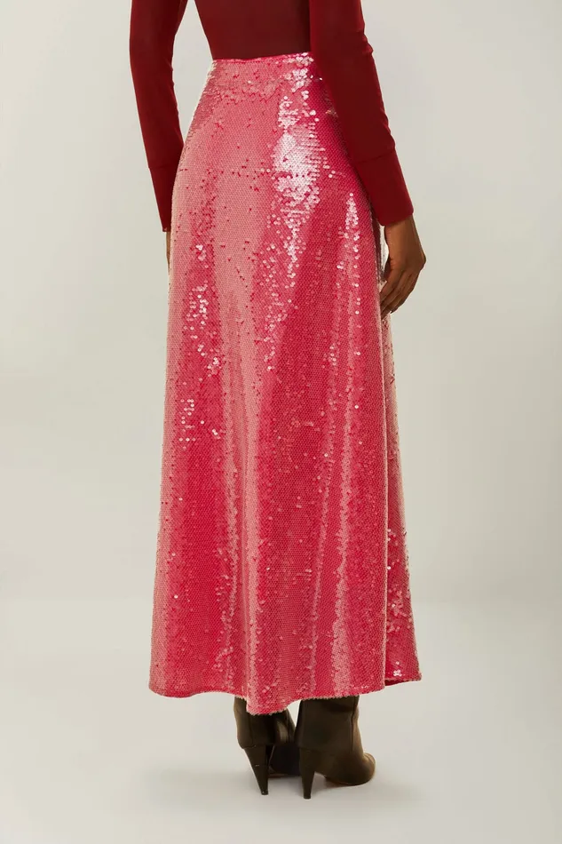 Pink Anthurium Flowers Sequins Midi Skirt Women Farm Rio Skirts