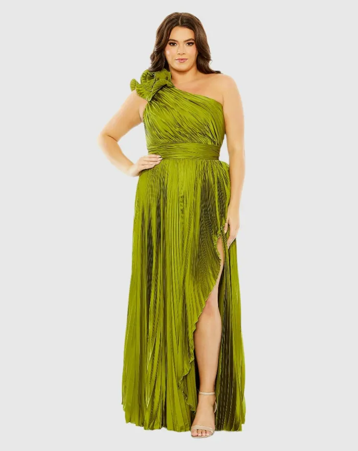 Pleated One Shoulder Rosette Detail Dress Apple Green Plus Size Dresses Mac Duggal Women
