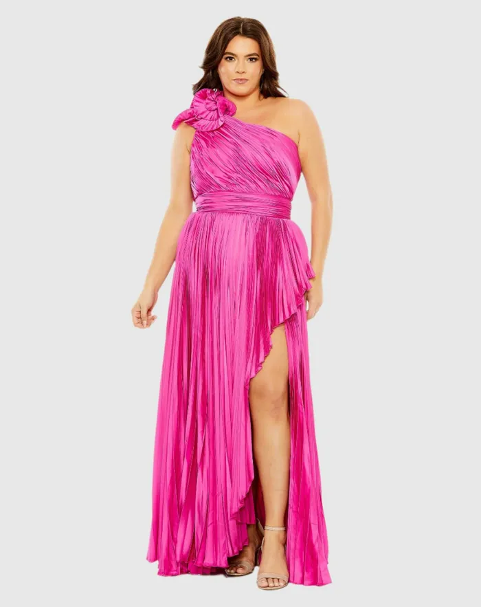 Pleated One Shoulder Rosette Detail Dress Apple Green Plus Size Dresses Mac Duggal Women