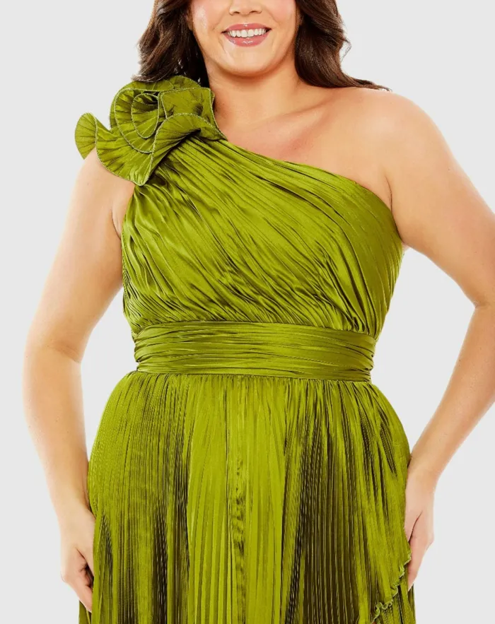 Pleated One Shoulder Rosette Detail Dress Apple Green Plus Size Dresses Mac Duggal Women