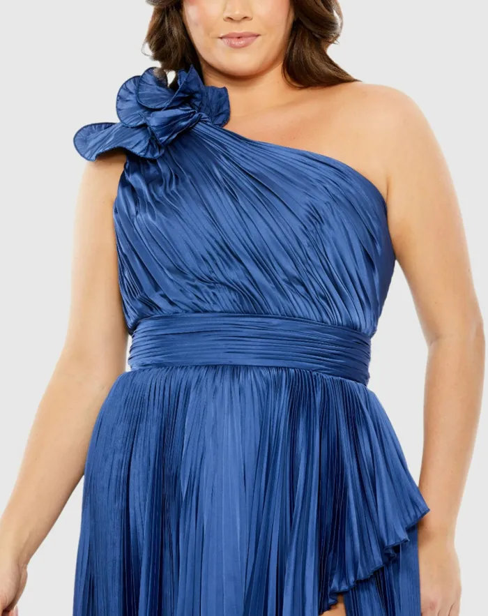 Pleated One Shoulder Rosette Detail Dress Apple Green Plus Size Dresses Mac Duggal Women