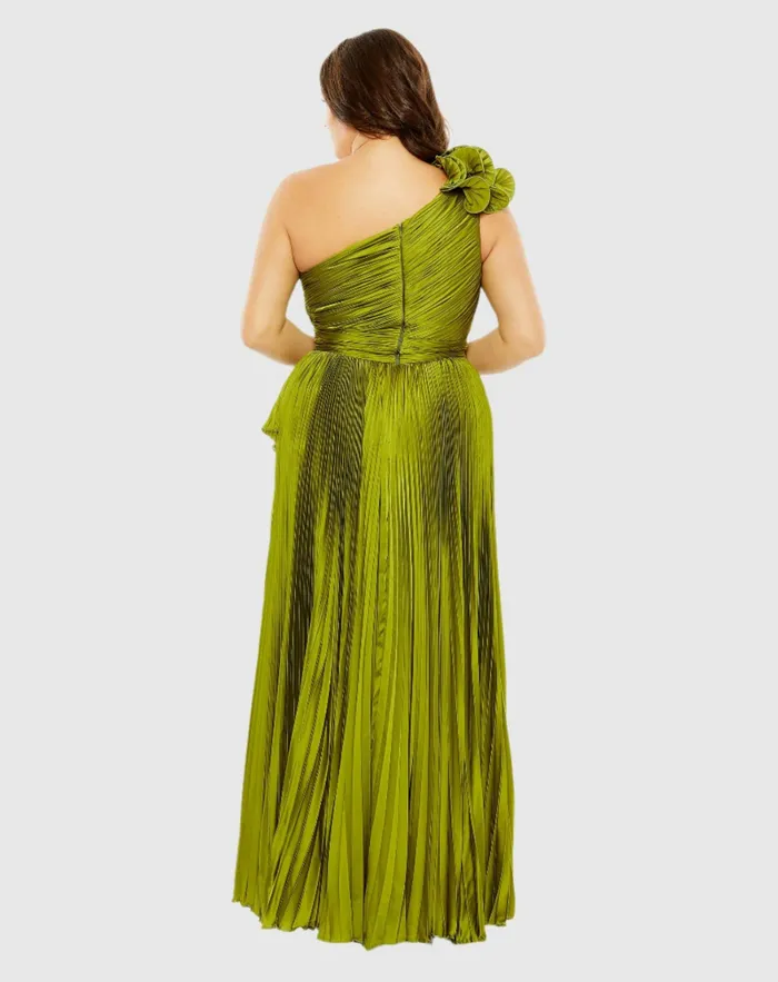 Pleated One Shoulder Rosette Detail Dress Apple Green Plus Size Dresses Mac Duggal Women