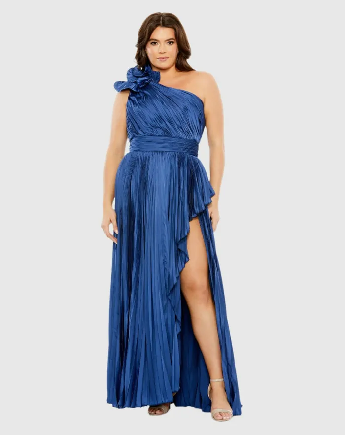 Pleated One Shoulder Rosette Detail Dress Apple Green Plus Size Dresses Mac Duggal Women