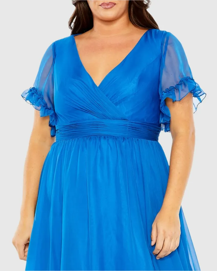 Plus Size Dresses Chiffon Faux Wrap Flutter Sleeve Tiered Plus Size Dress Ocean Blue Mac Duggal Women Plus Size Dresses Chiffon Faux Wrap Flutter Sleeve Tiered Plus Size Dress Ocean Blue Mac Duggal Women
