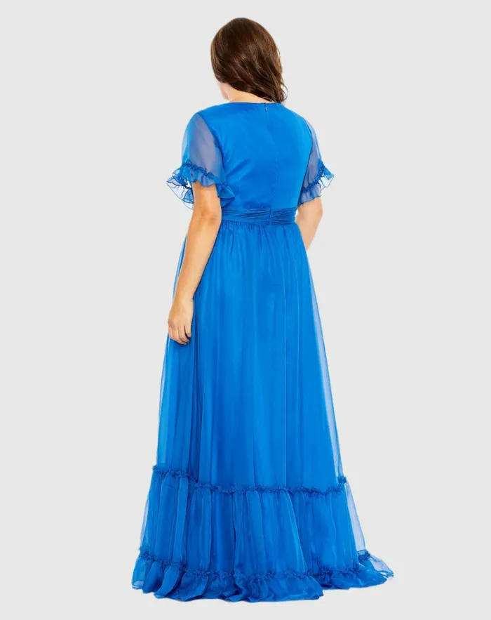 Plus Size Dresses Chiffon Faux Wrap Flutter Sleeve Tiered Plus Size Dress Ocean Blue Mac Duggal Women Plus Size Dresses Chiffon Faux Wrap Flutter Sleeve Tiered Plus Size Dress Ocean Blue Mac Duggal Women