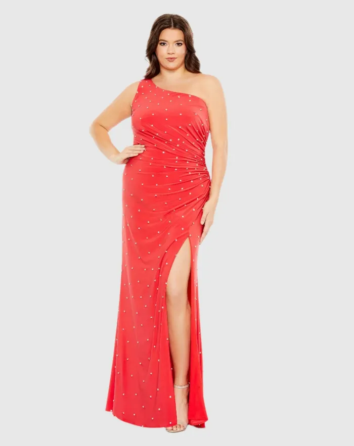 Plus Size Dresses Mac Duggal Women Jewel Encrusted Draped One Shoulder Gown Plus Cherry