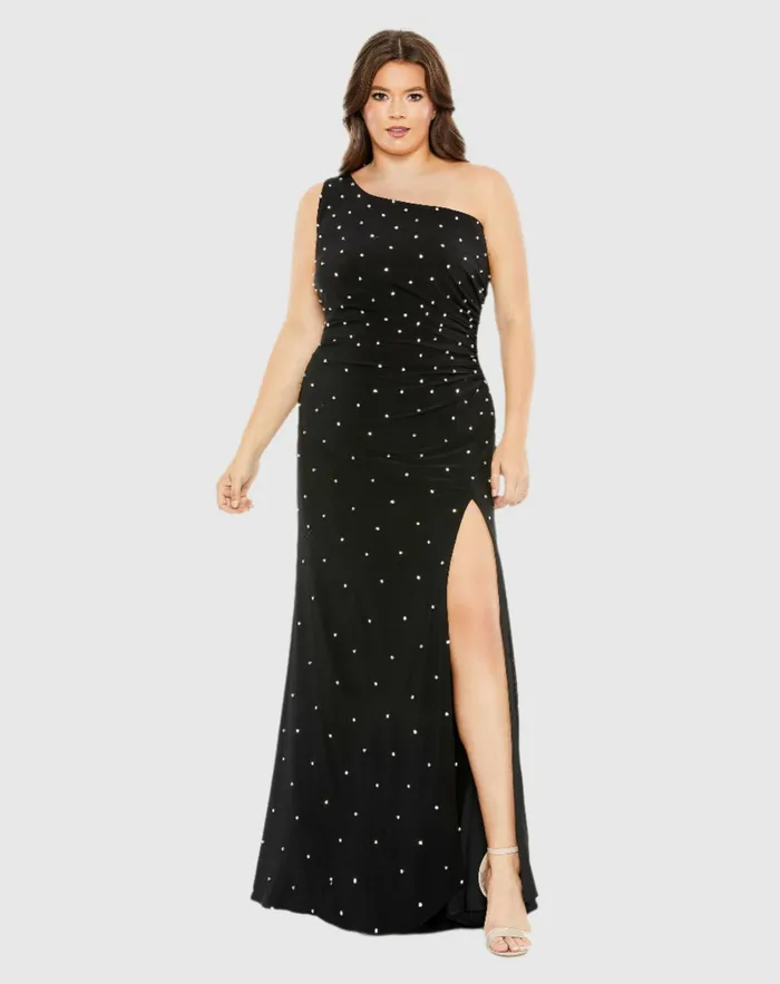 Plus Size Dresses Mac Duggal Women Jewel Encrusted Draped One Shoulder Gown Plus Cherry
