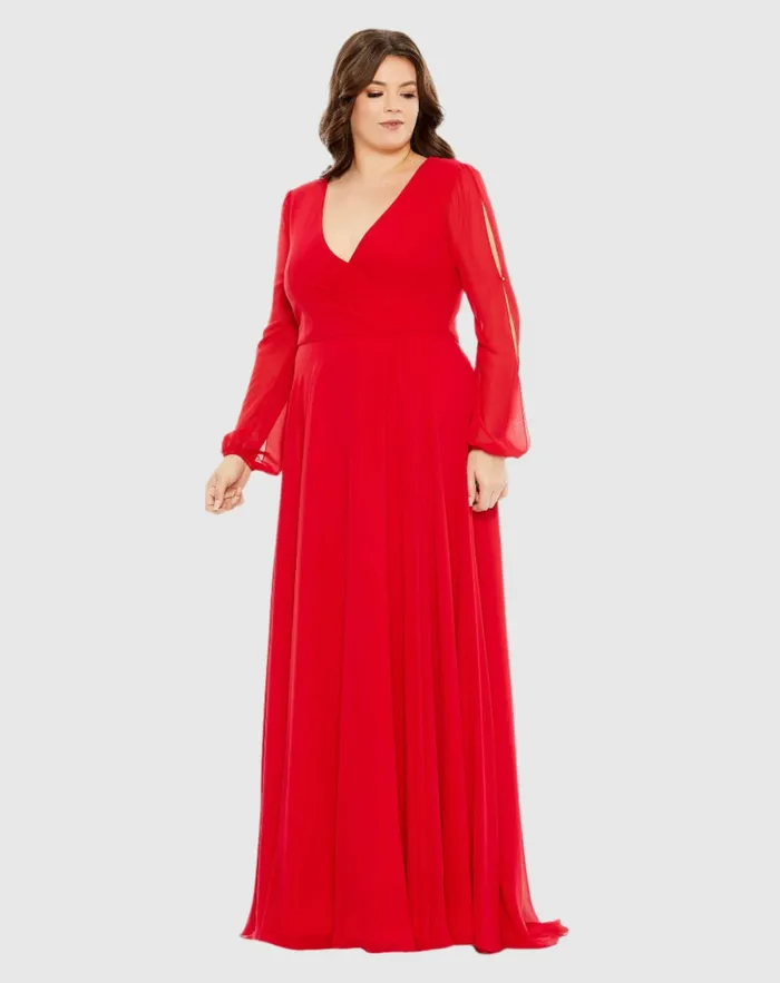 Plus Size Dresses Mac Duggal Women Split Puff Sleeve Faux Wrap A Line Gown Red
