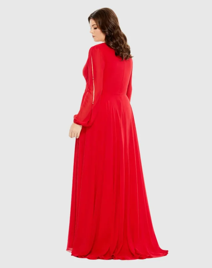 Plus Size Dresses Mac Duggal Women Split Puff Sleeve Faux Wrap A Line Gown Red
