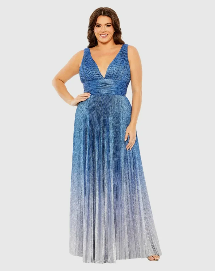 Plus Size Dresses Women Mac Duggal VNeck Ombre Pleated Gown Sapphire Ombre