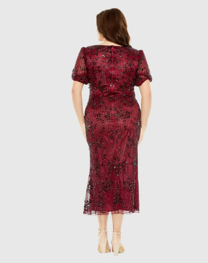 Plus Size Dresses Women Red High Neck Puff Sleeve Embellished Dress Burgundy Mac Duggal