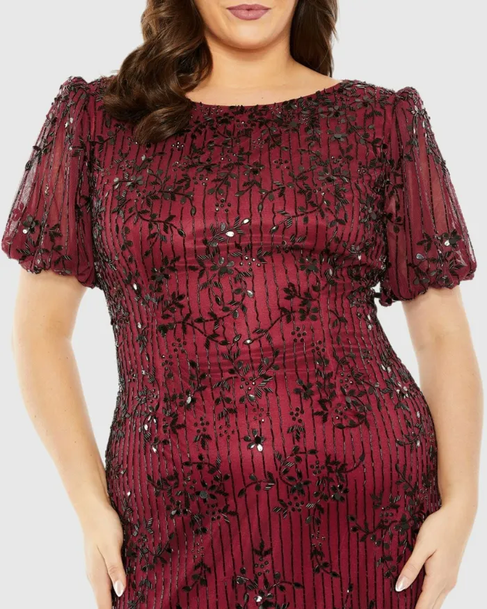 Plus Size Dresses Women Red High Neck Puff Sleeve Embellished Dress Burgundy Mac Duggal