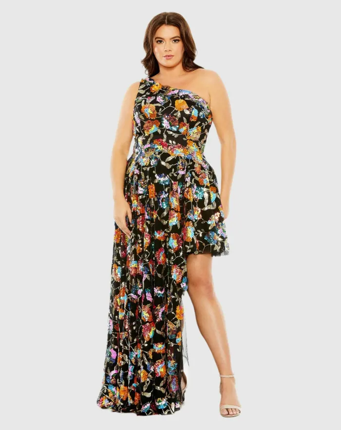 Plus Size Dresses Women Sequin Embellished One Shoulder Asymmetrical Gown Black Multi Mac Duggal