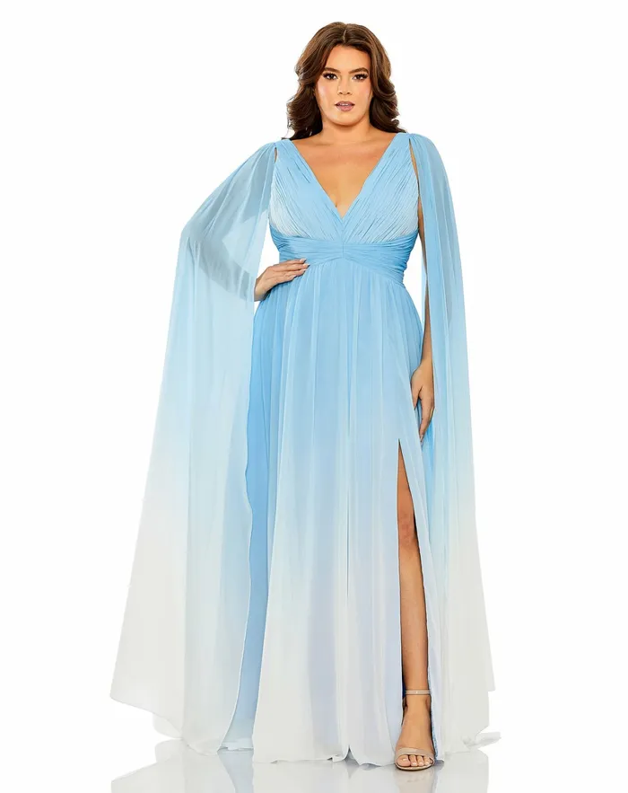 Plus Size Dresses Women VNeck Cape Sleeve Ombre Dress Blue Ombre Mac Duggal