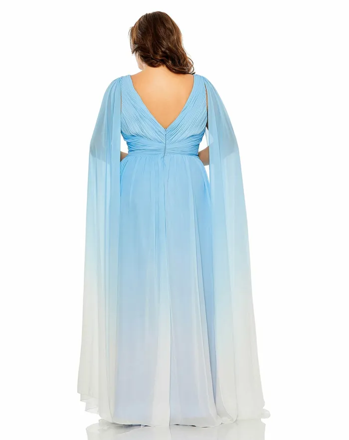 Plus Size Dresses Women VNeck Cape Sleeve Ombre Dress Blue Ombre Mac Duggal
