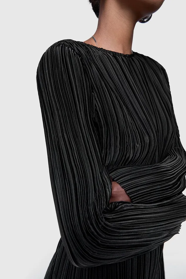 Rebecca Minkoff Iris Pleated Long Sleeve Mini Dress Black Women Tops