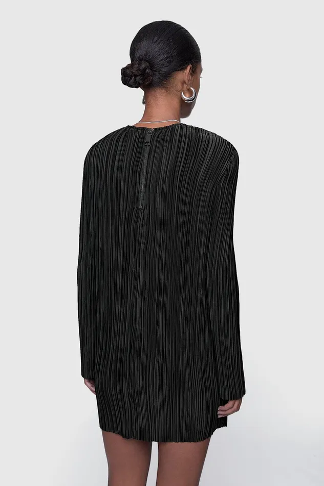 Rebecca Minkoff Iris Pleated Long Sleeve Mini Dress Black Women Tops
